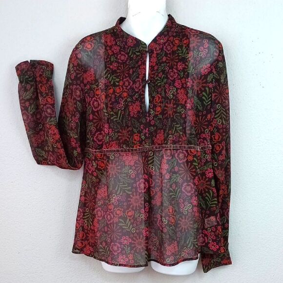 Apt 9 sheer floral long-sleeve velvet trim boho top sz L - Picture 1 of 13
